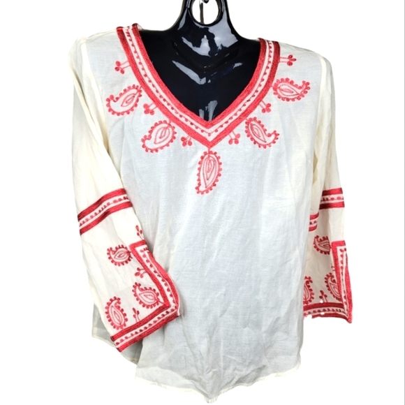 LUCKY BRAND TOPANGA DAYS BOHO White‎ and Red Embroidered Pesant Tunic/Top/Blouse - Picture 3 of 11